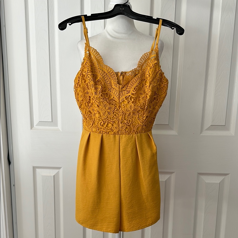 Mustard Romper with Spaghetti Straps.